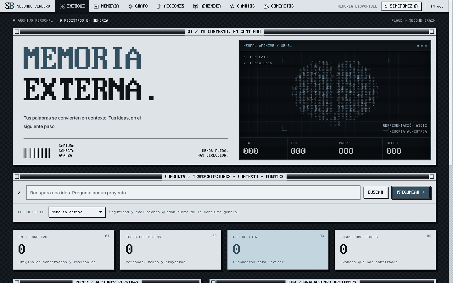 Panel principal de Second Brain, la memoria externa que alimento con las grabaciones de Plaud
