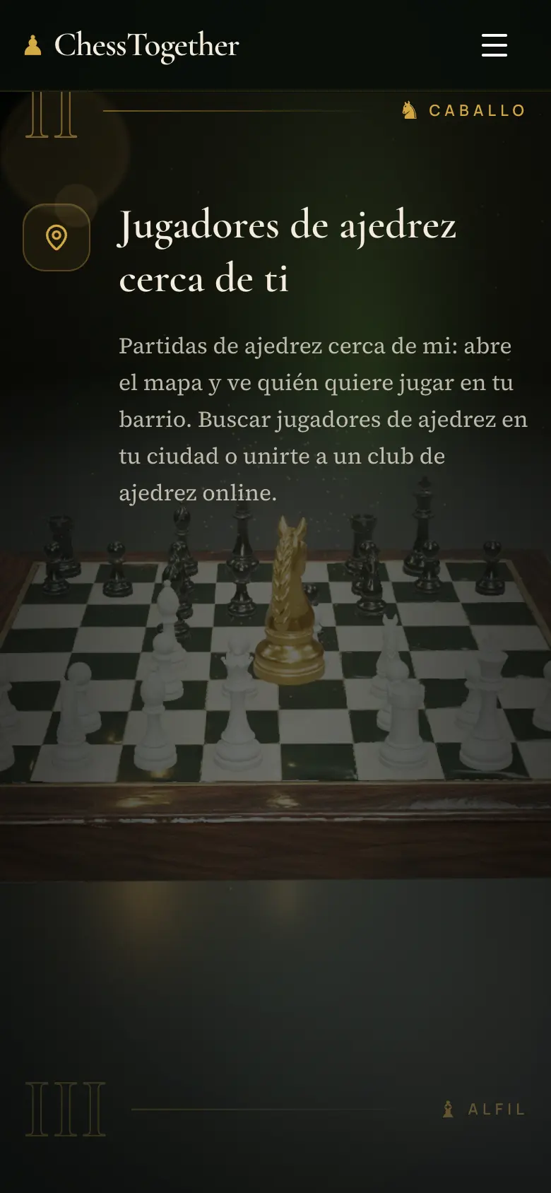 ChessTogether en el móvil: jugadores cerca de ti, con el caballo dorado en el tablero