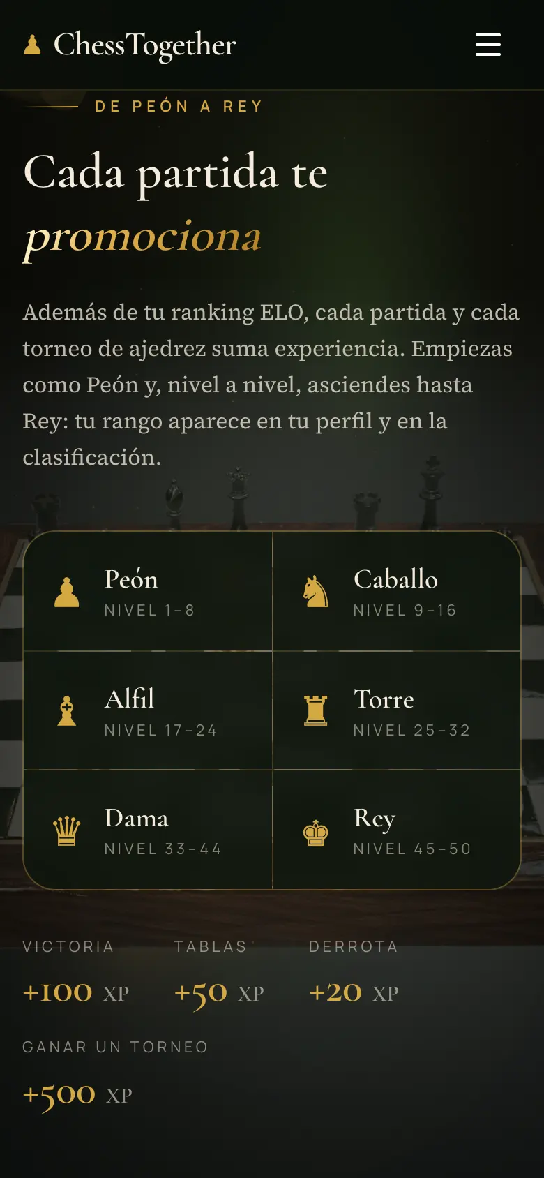 ChessTogether en el móvil: cada partida te promociona, de peón a rey