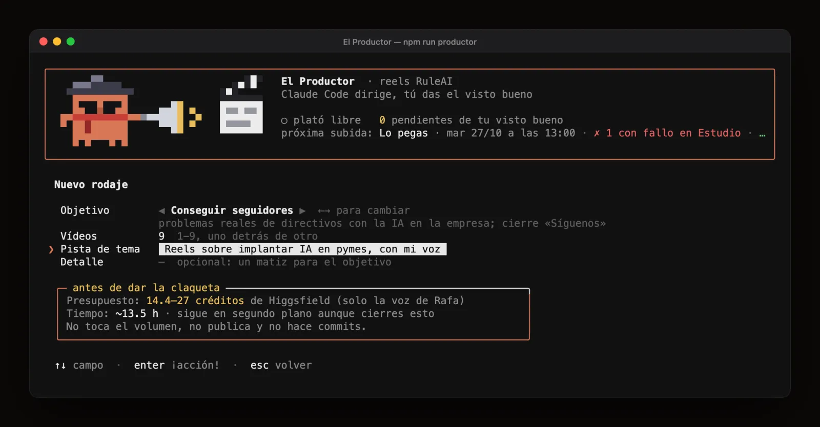 El Productor, nuevo rodaje: objetivo, tanda de 9 vídeos y pista de tema, con presupuesto y tiempo antes de empezar