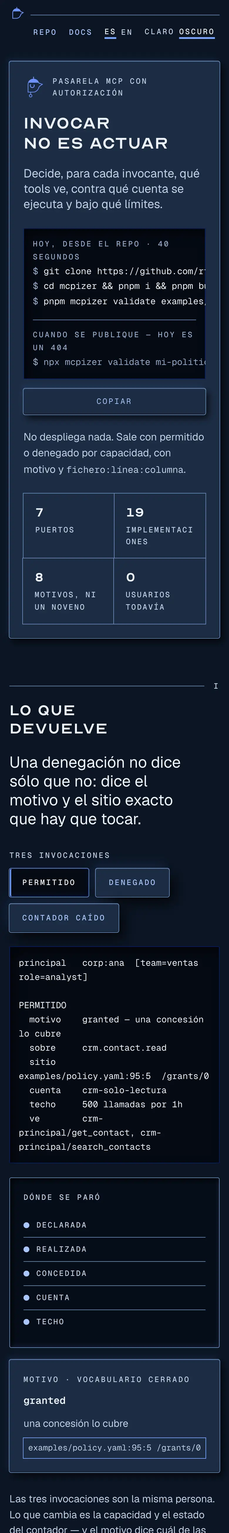 mcpizer en el móvil, de arriba abajo: comandos, qué devuelve una decisión y la línea de la política