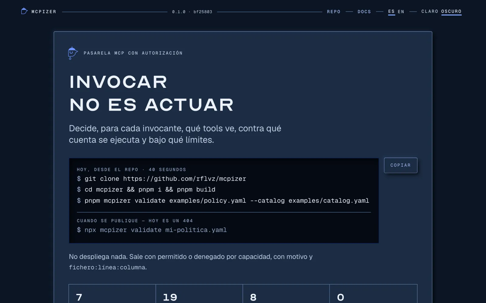 Portada de mcpizer: «Invocar no es actuar», con los comandos para validar una política