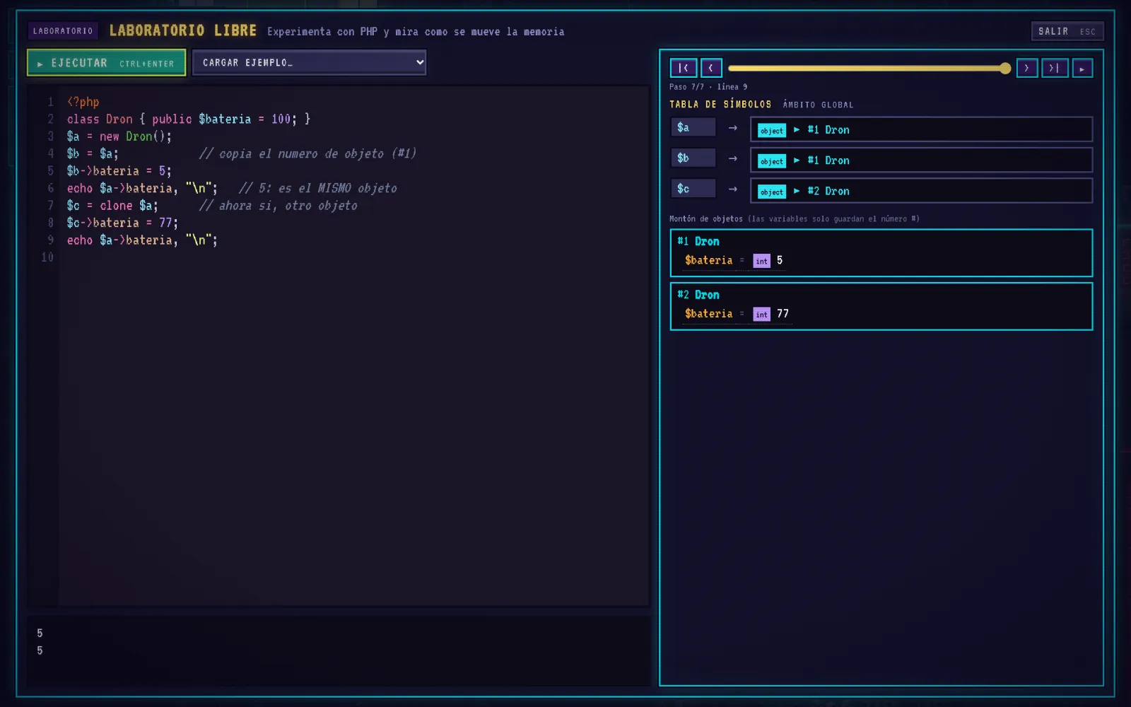 Laboratorio con la Lupa Zend: código PHP a la izquierda y la memoria (símbolos y montón de objetos) a la derecha