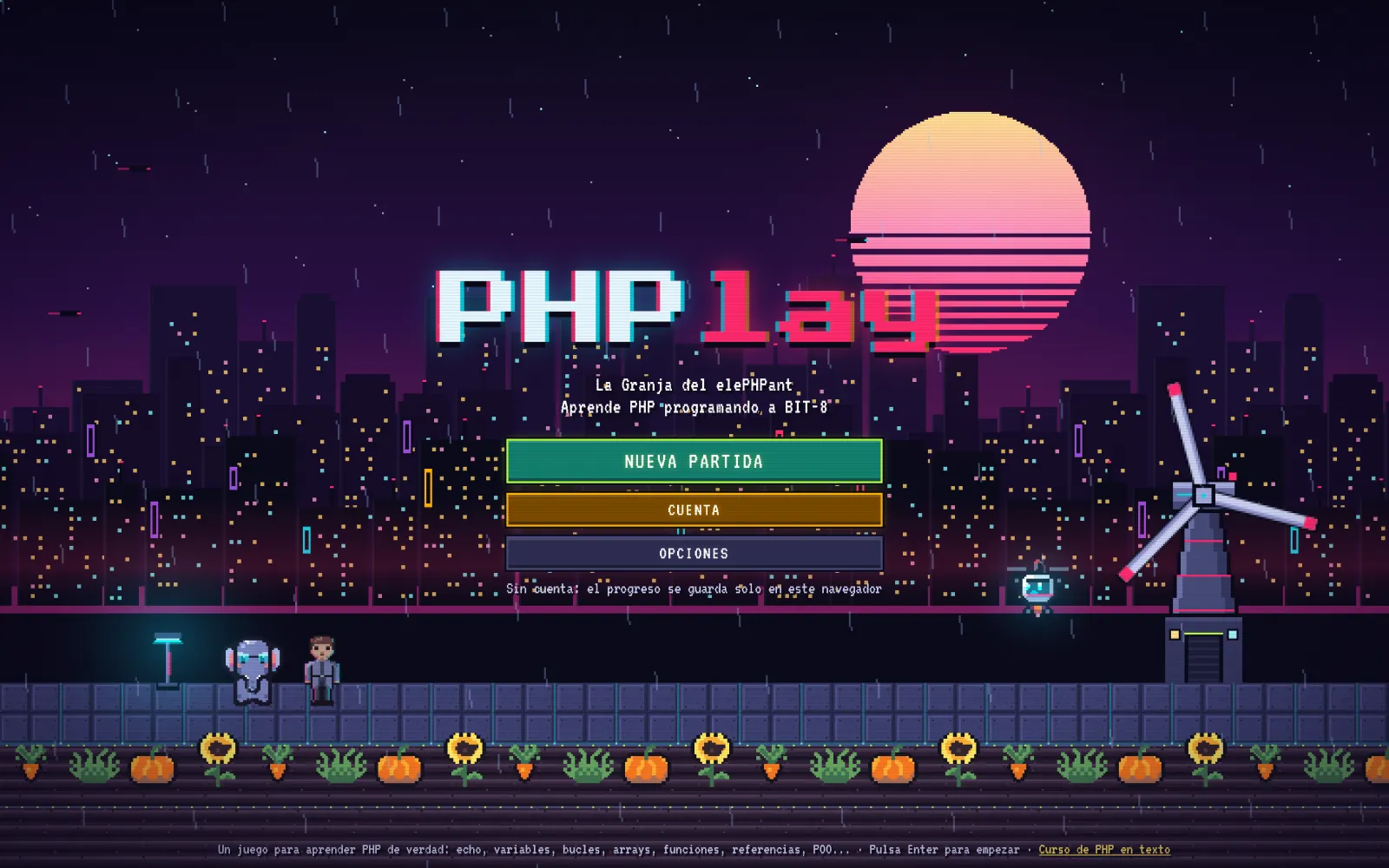 Portada de PHPlay: ciudad pixel art de noche con el logo, un molino y la granja