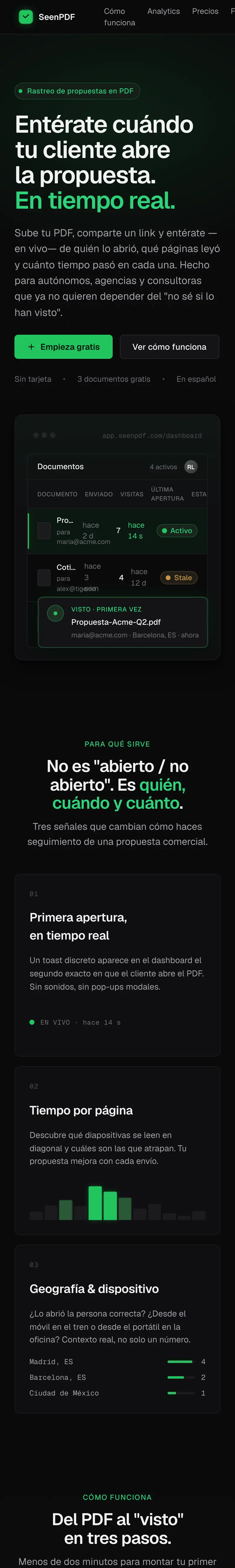 SeenPDF en el móvil, de arriba abajo: la portada, el panel de documentos y las señales que registra