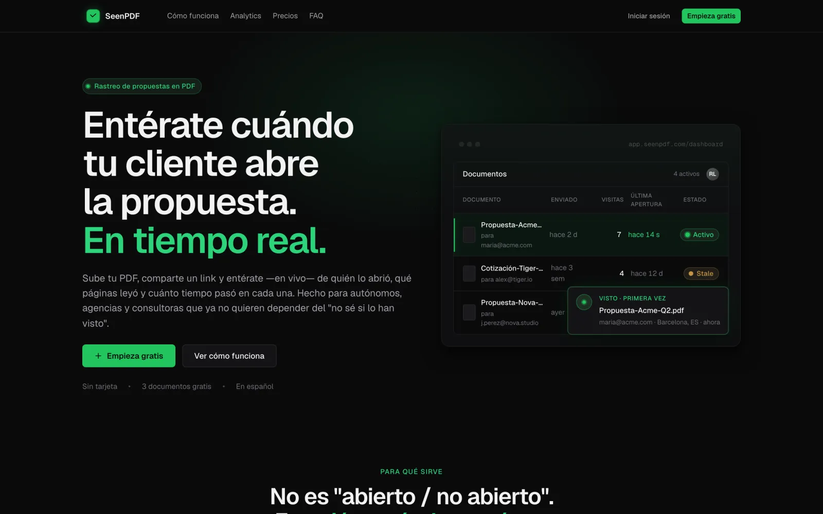 Portada de SeenPDF: «Entérate cuándo tu cliente abre la propuesta. En tiempo real.»